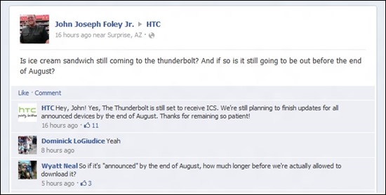 ICS Update for HTC Thunderbolt in August