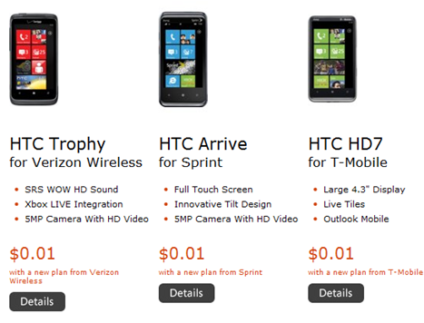 HTC Verizon Trophy, Sprint Arrive, T-Mobile HD7 For A Penny At Microsoft Store