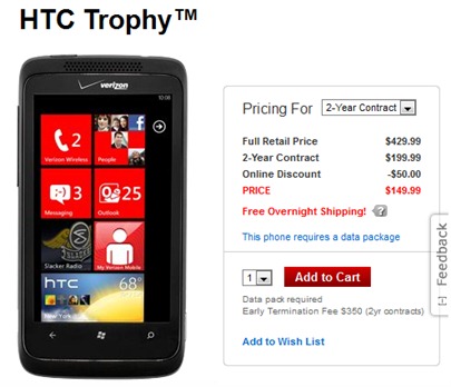 Verizon HTC Trophy Online Pricing
