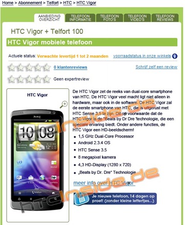 HTC Vigor Appears On A Dutch Retailer's Website