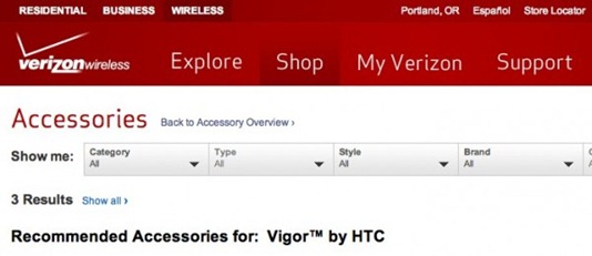 HTC Vigor’s Accessories On Verizon’s Website