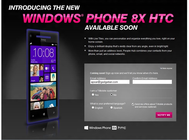 HTC Windows Phone 8X “Coming Soon” To T-Mobile