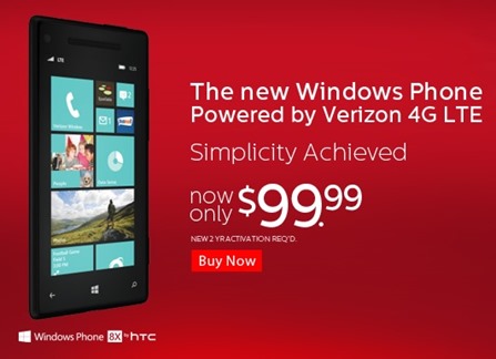 Verizon HTC 8X for $99.99