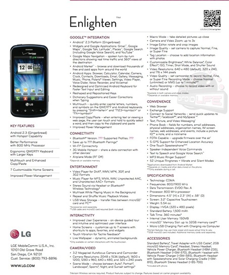 LG Enlighten Full Specs Sheet Leak