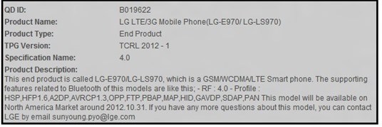 LG LS970/E970 On Bluetooth SIG