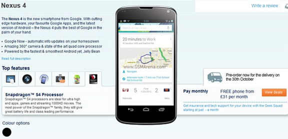LG Nexus 4 Pre-order at Carphone Warehouse