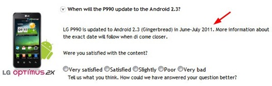 LG Optimus 2X Gingerbread Update Confirmation
