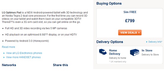 LG Optimus Pad's UK Carphone Warehouse Pricing