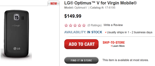 LG Optimus V RadioShack Pricing