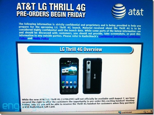 LG Thrill 4G Pre-Sale At RadioShack With $50 Gift Card