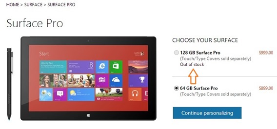 128GB Surface Pro Sold Out