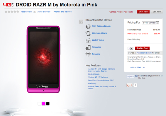Motorola DROID RAZR M Pink Sale on Verizon