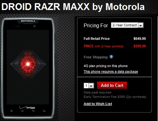 Motorola Droid RAZR MAXX Pricing