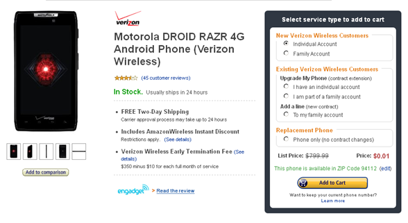 Motorola Droid RAZR Now Costs $0.01 At Amazon