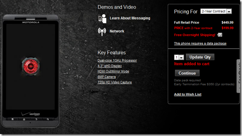 Verizon's Motorola Droid X2 Pricing