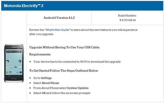 Motorola Electrify 2 Android 4.1.2 Jelly Bean Update