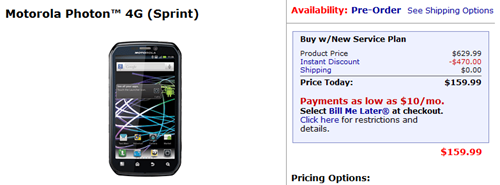 Sprint’s Motorola Photon 4G Pre-Order At Walmart For $159.99 