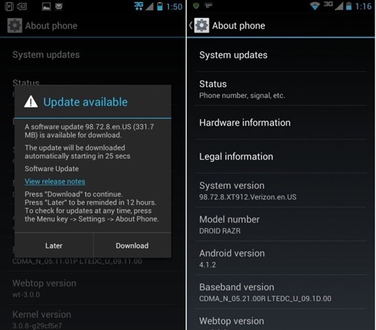 Android 4.1.2 Update 98.72.8 for Motorola Droid RAZR/RAZR MAXX 