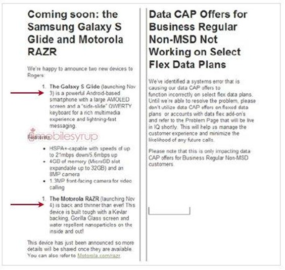 Motorola RAZR on Nov.4th, Samsung Galaxy S Glide on Nov.3rd For Rogers