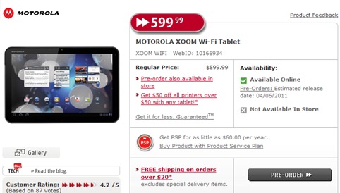 Motorola Xoom WiFi Canada Future Shop Pricing