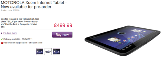 Motorola Xoom Wi-Fi Only Pre-Order By PC World UK