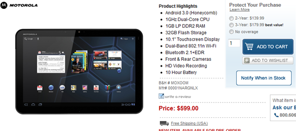 Motorola XOOM Wi-Fi Only Version B&H Pricing