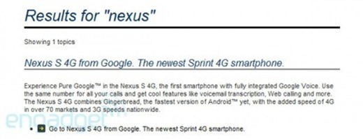 Nexus S 4G Search Listing On Sprint's Site