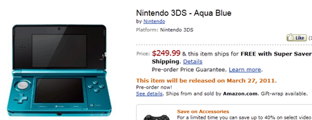 Nintendo 3DS Pre-Orders at Amazon Pricing