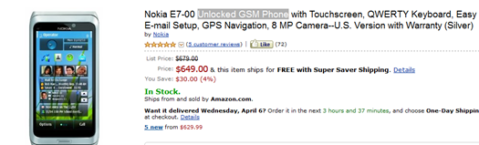 Nokia E7 GSM Unlocked Pricing At Amazon