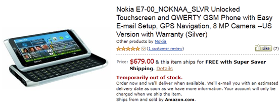 Nokia E7 Pre Order Pricing at Amazon