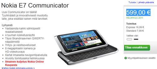 Nokia E7 PreOrder Finland Pricing