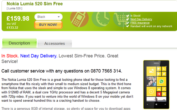Nokia Lumia 520 Sim Free  is now available in the UK via Unlocked Mobiles