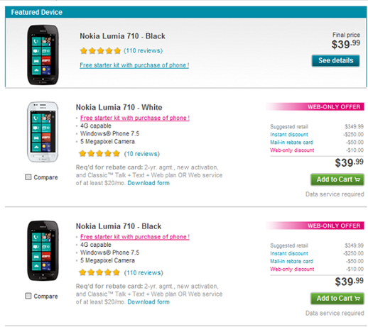 T-Mobile Nokia Lumia 710 For $39.99