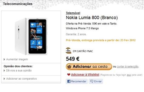 White Lumia 800 Pre-order in Portugal