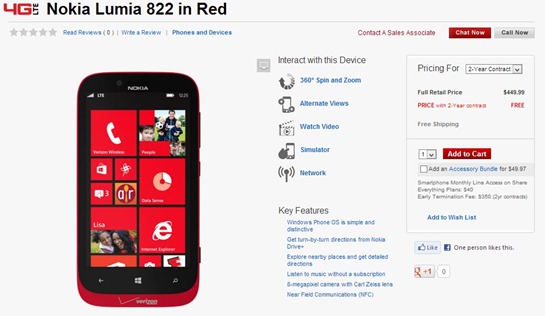 Verizon Nokia Lumia 822 Red For Free