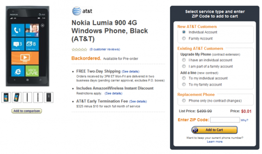 Amazon Offers AT&T Nokia Lumia 900 For Just $0.01