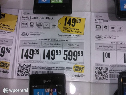 Nokia Lumia 920 Pricing ($149) Appeared at Best Buy Store