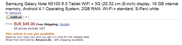 Pre-order page of Samsung Galaxy Note 8.0