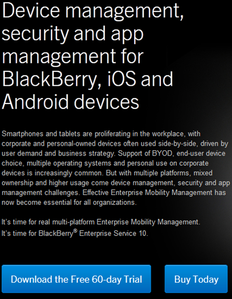 RIM offers a free 60 day trial of BlackBerry Enterprise Service 10
