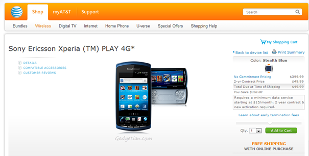 Sony Ericsson Xperia Play 4G AT&T listing
