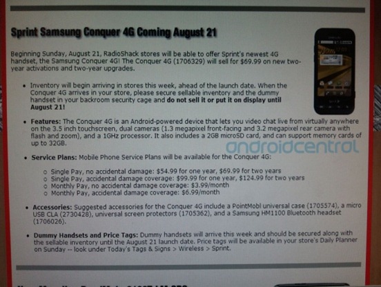 Samsung Conquer 4G For $69.99 By RadioShack