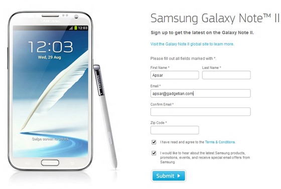 Samsung Galaxy Note II SignUp Page