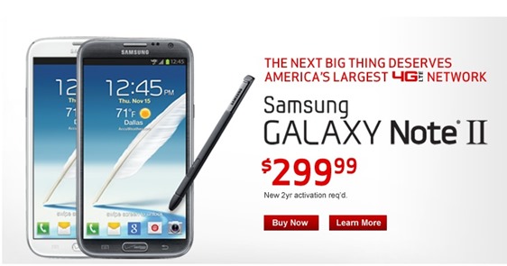 Verizon Samsung Galaxy Note II Pricing