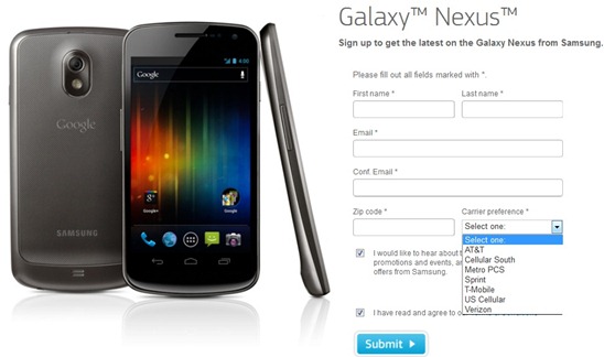 Samsung Galaxy Nexus Sign-up Page Pops Up