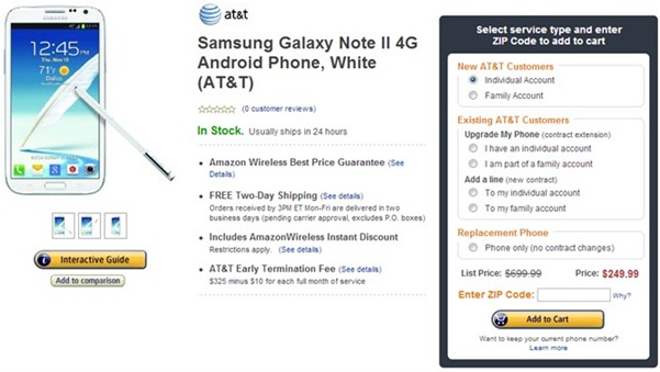 Samsung Galaxy Note II priced $249.99 at Amazon
