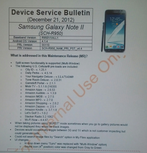 Screenshot showing Full change log for the Samsung Galaxy Note 2