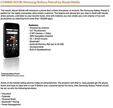 Samsung Galaxy Prevail For BoostMobile Leaked
