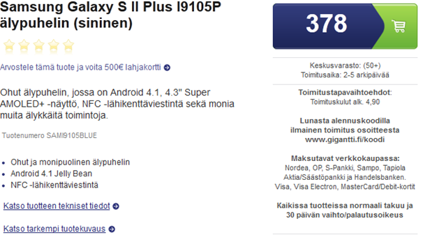Samsung Galaxy S II Plus is now available for 378 eur in Findland
