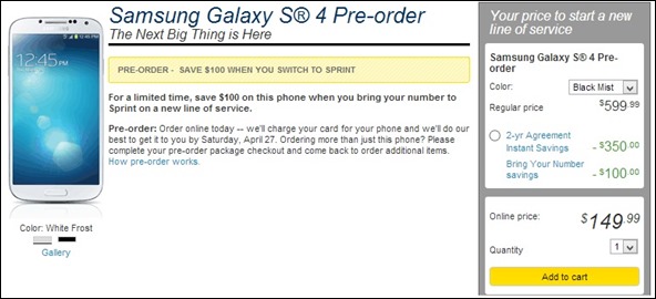 Sprint’s Samsung Galaxy S4 Pre-Order Pricing