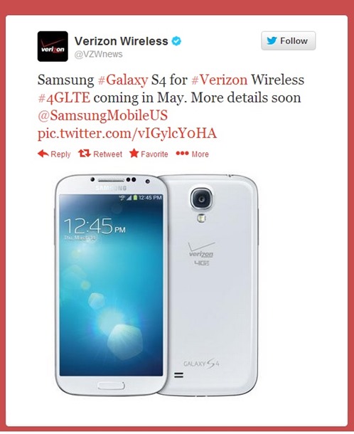 Verizon Samsung Galaxy S4 Availability Info